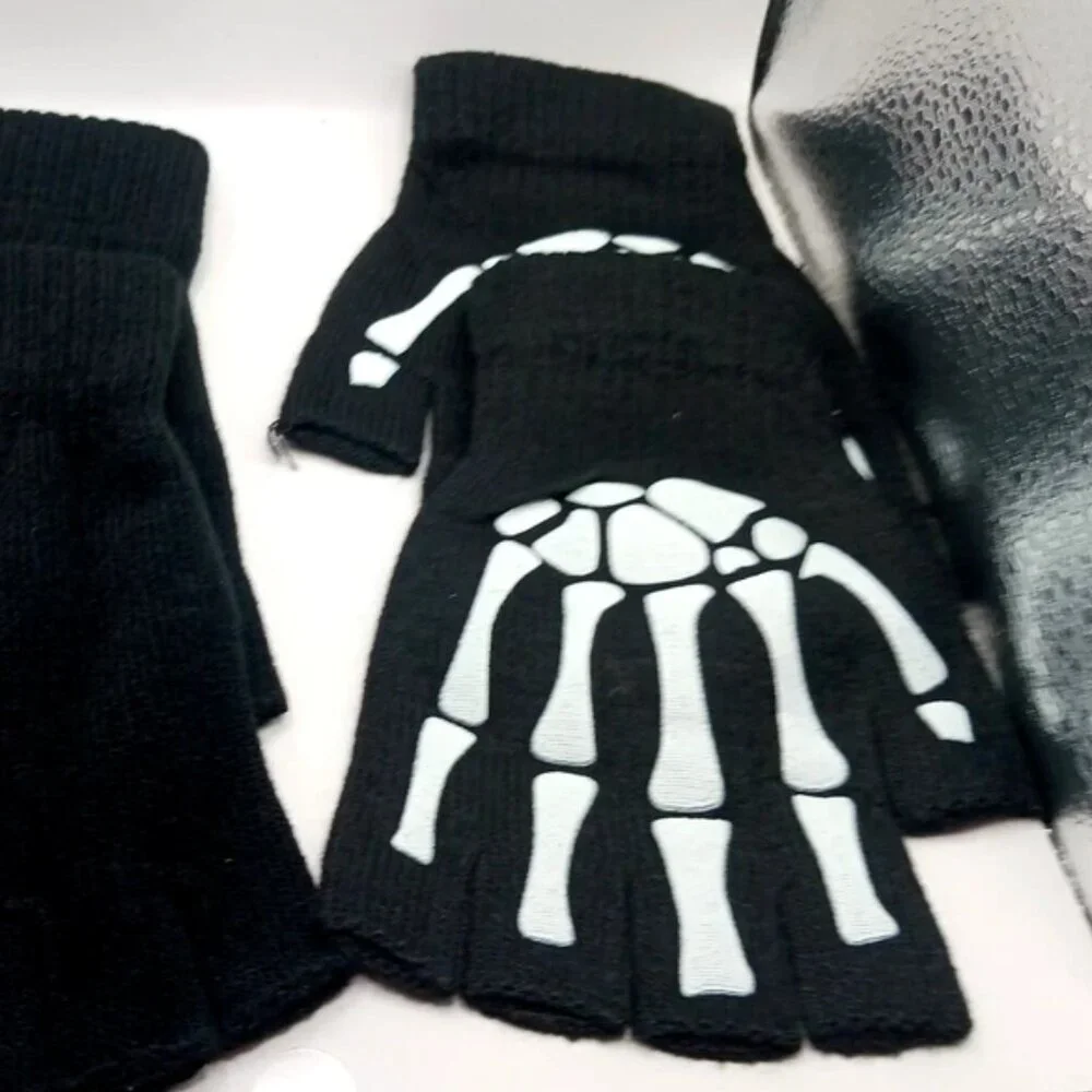 Skeleton Print Fingerless Goth Gloves-Black TWO Pair Unisex New